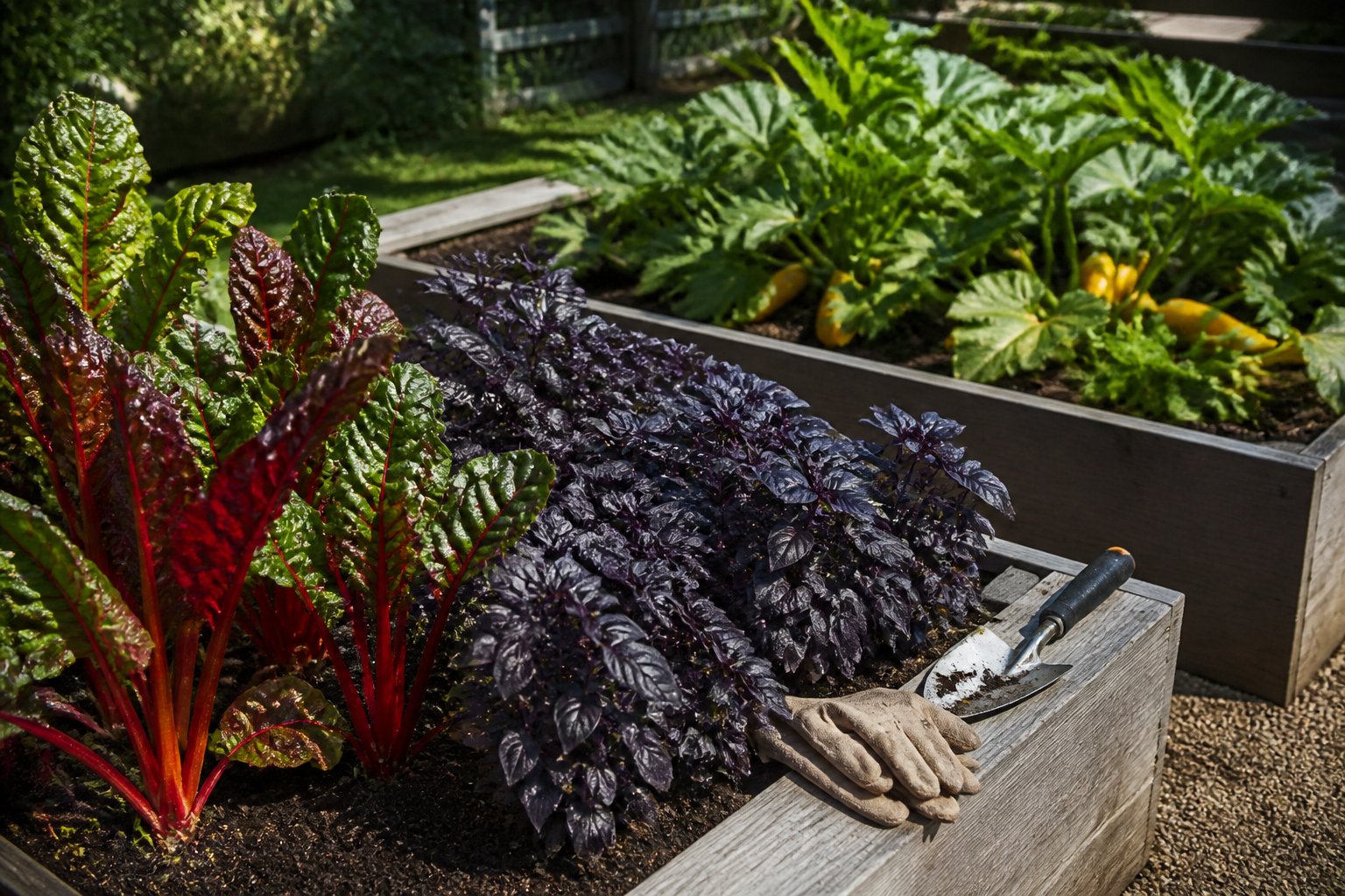 Color-blocked vegetable beds with red chard, purple basil, and golden zucchini, with gardening gloves and a hand trowel resting nearby.
