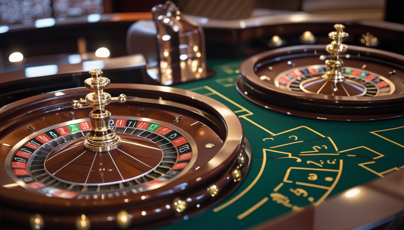 Meja roulette di kasino dengan dua jenis roda: satu roda dengan dua bola putih dan satu roda dengan satu bola putih.