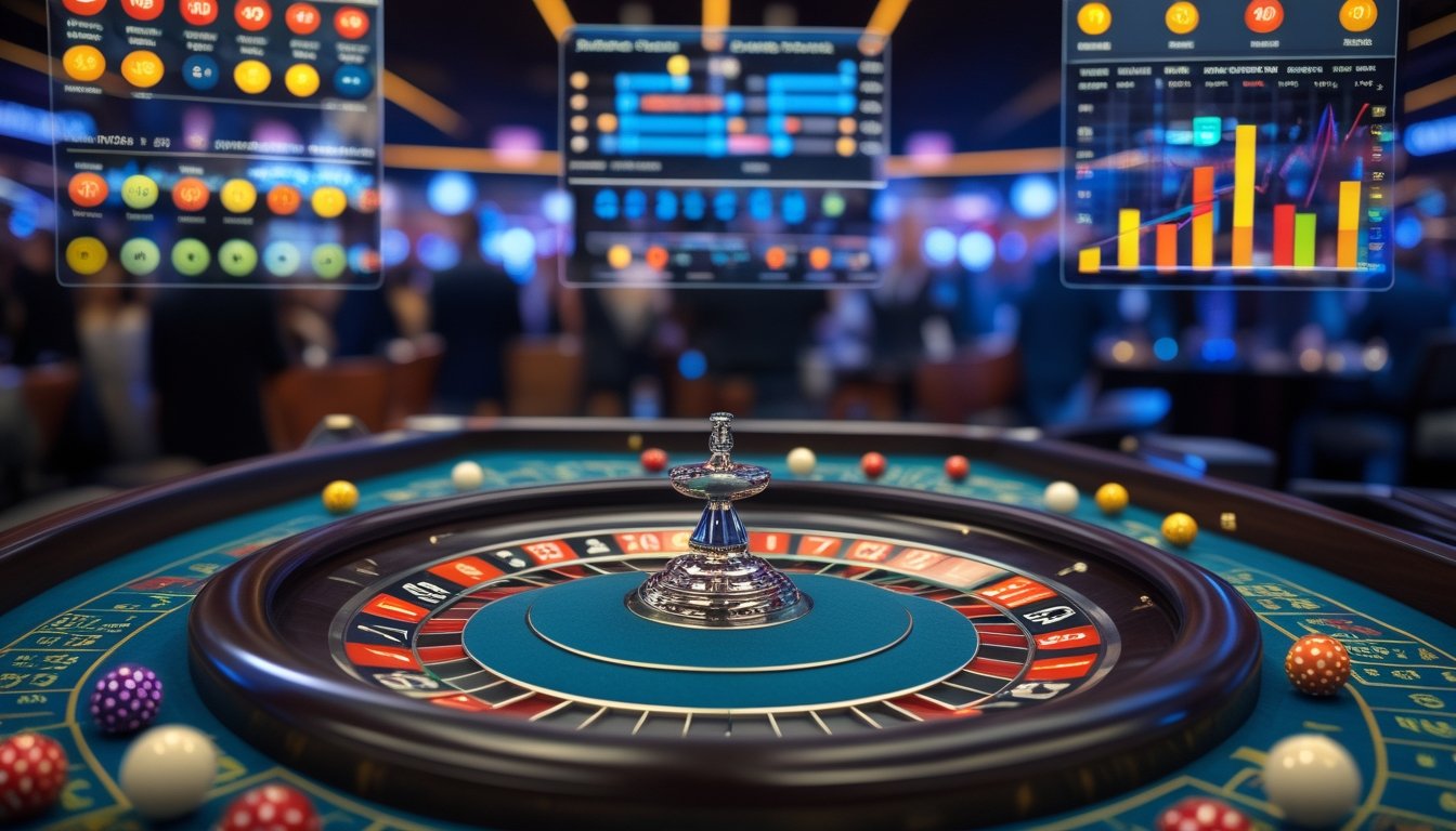 Meja roulette dengan dua bola berputar dan layar digital menampilkan statistik angka panas dan dingin di latar belakang kasino.