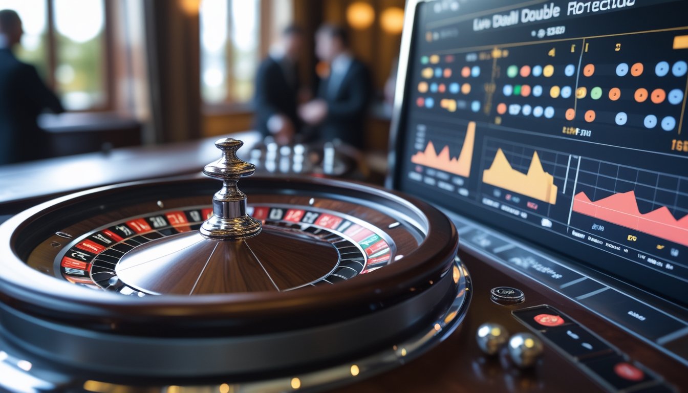 Close-up meja roulette double ball dengan dua bola putih berputar dan layar digital menampilkan grafik statistik angka panas dan dingin di kasino.