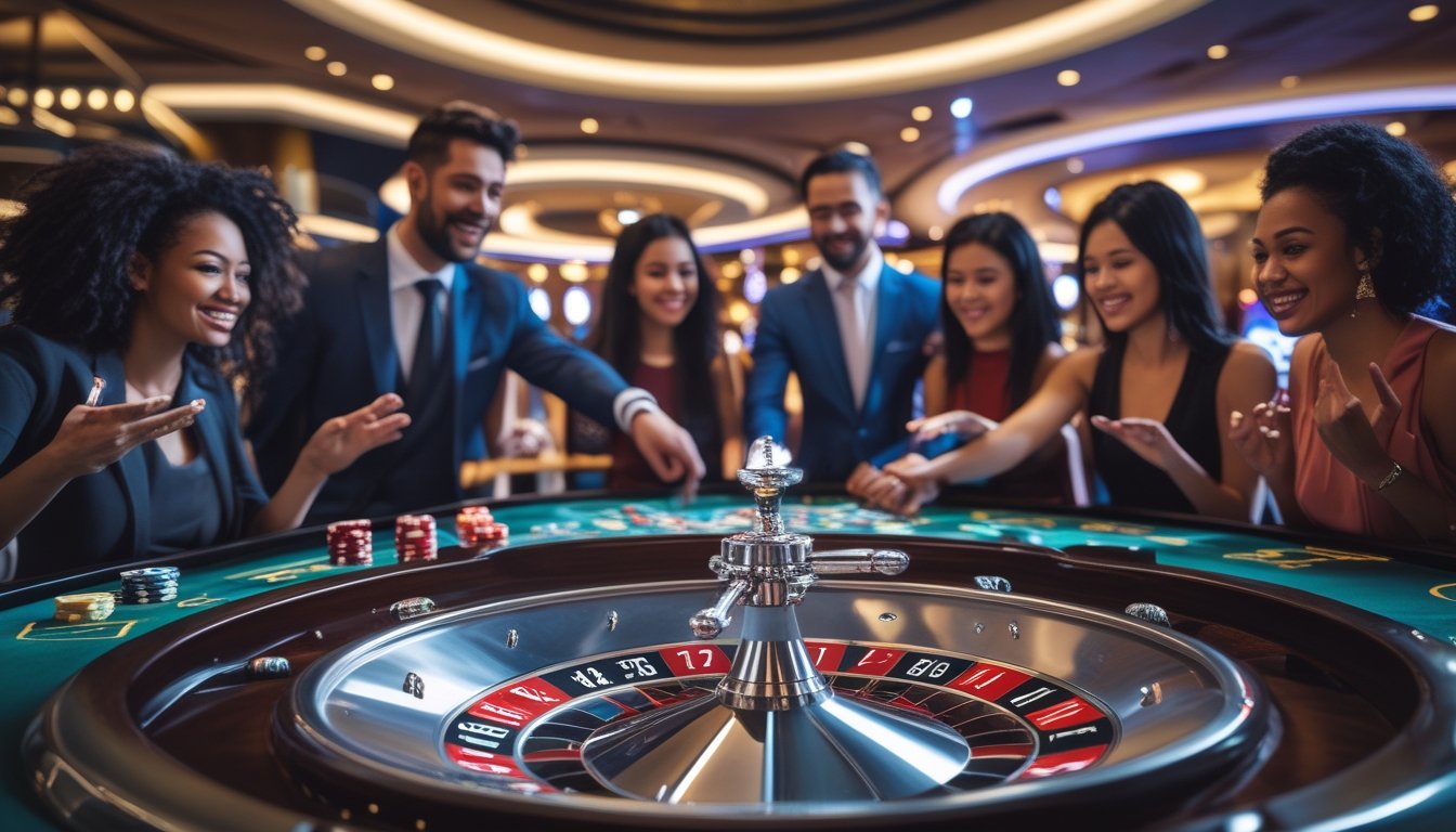 Meja roulette dengan dua bola yang sedang berputar di kasino modern, dikelilingi oleh pemain yang antusias.