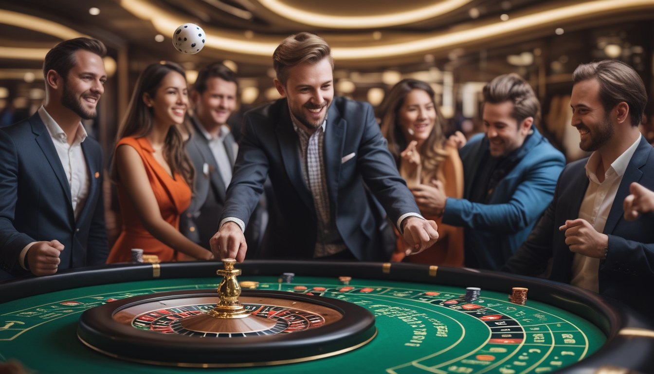 Meja roulette dengan dua bola berputar sekaligus dan beberapa pemain yang antusias di kasino.