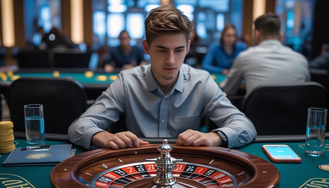 Seorang pria muda duduk di meja kasino dengan roda roulette bola ganda, memperhatikan permainan dengan serius dan tenang.