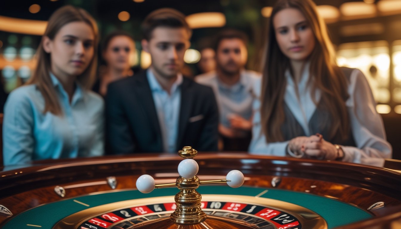 Meja roulette double ball dengan dua bola putih berputar, dikelilingi oleh beberapa pemain yang memperhatikan dengan fokus.