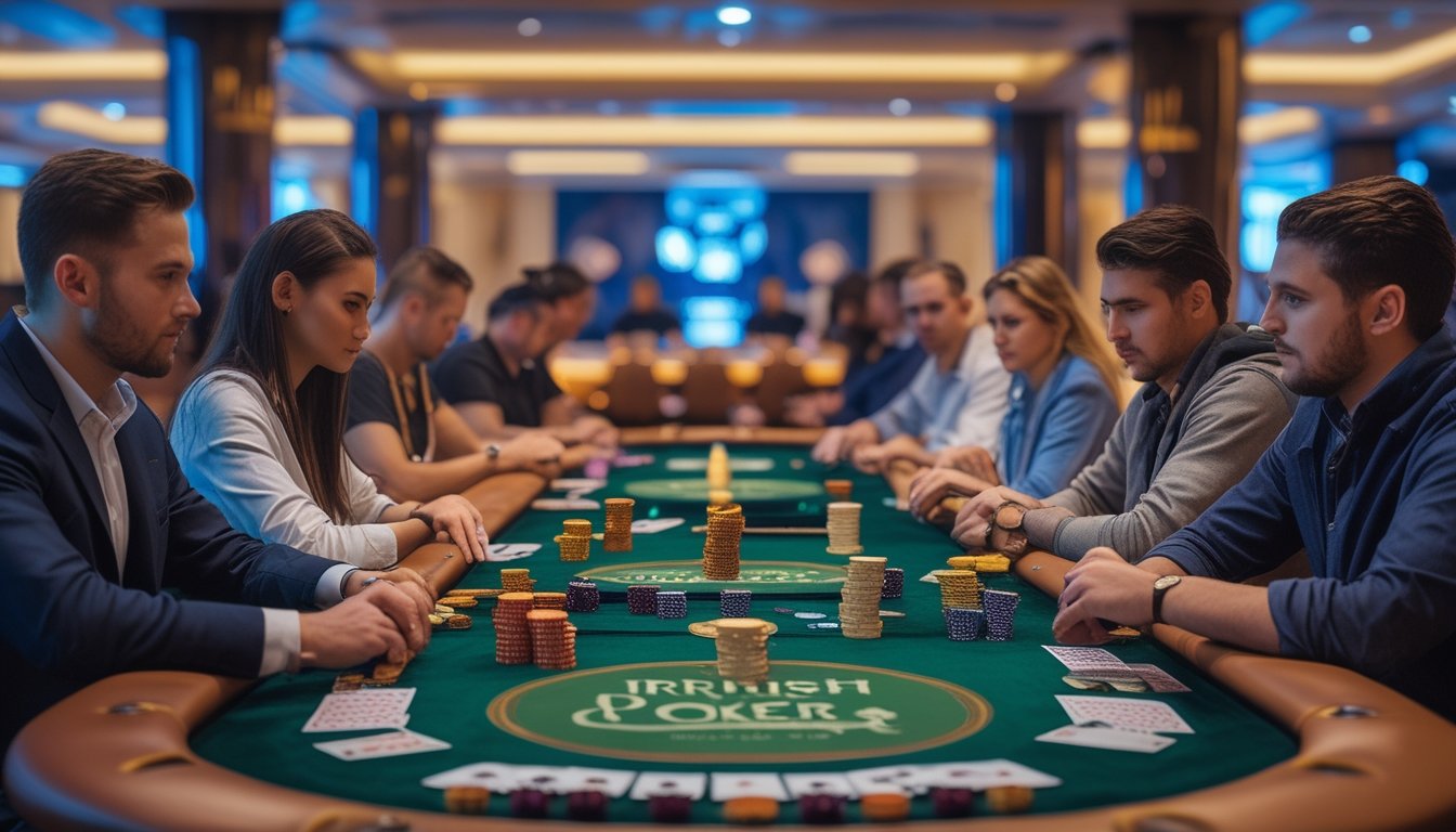 Meja kasino dengan chip poker dan kartu, dikelilingi oleh pemain yang sedang bermain Irish Poker.