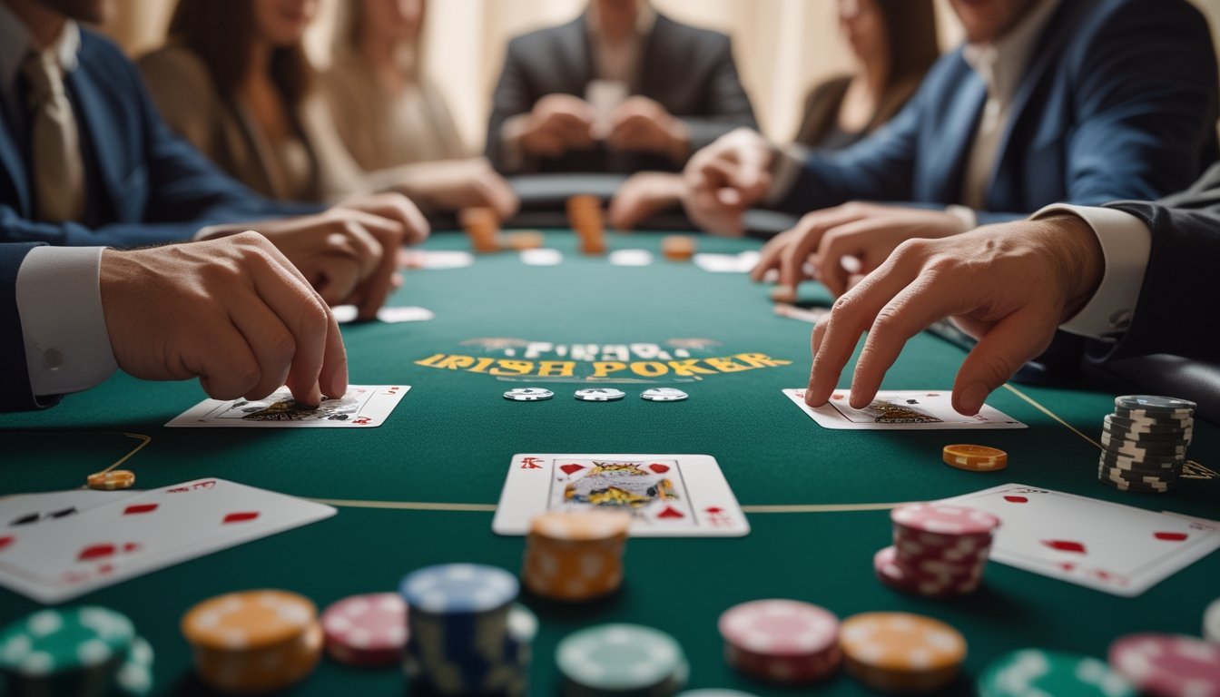 Meja poker dengan kartu dan chip yang tersusun rapi, tangan pemain sedang bermain dalam suasana permainan kartu.