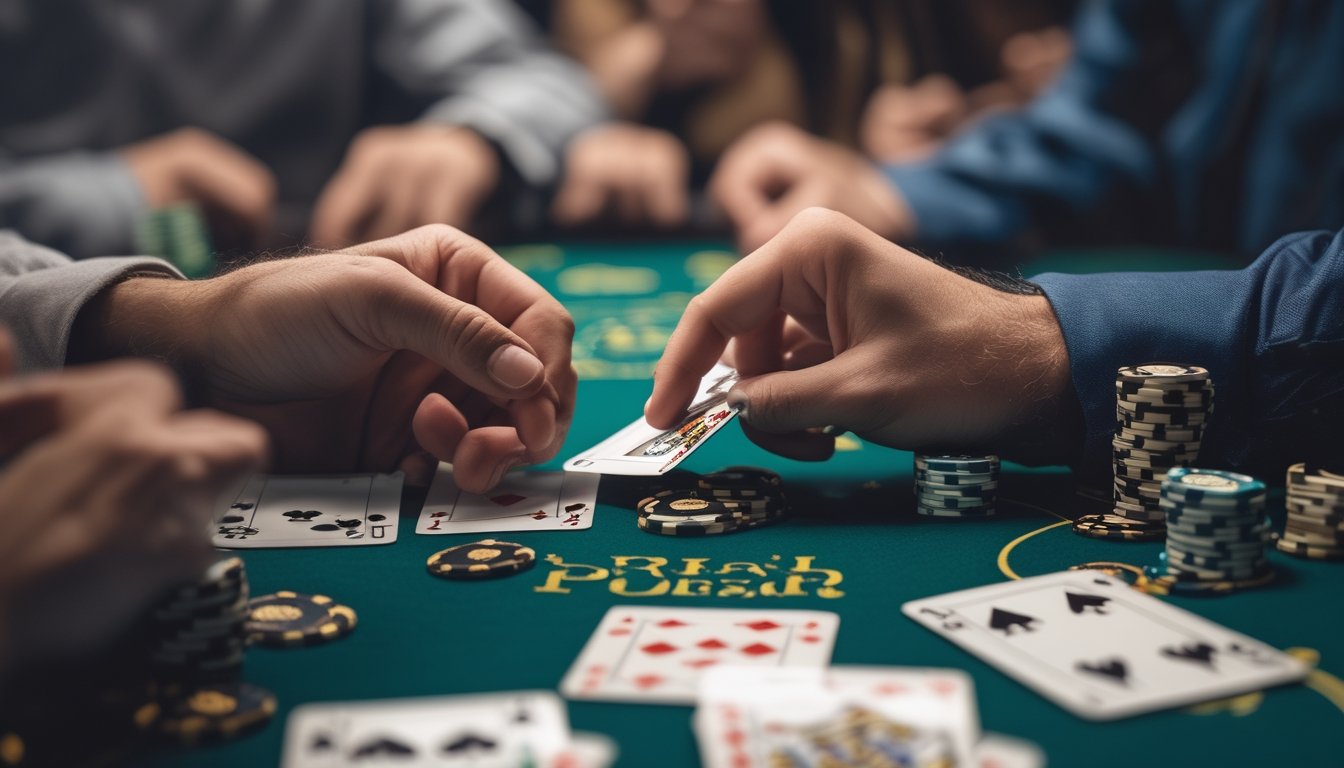 Tangan pemain poker sedang memilih kartu untuk dibuang di meja poker dengan tumpukan chip dan pemain lain di latar belakang.