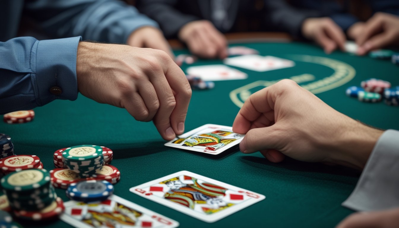 Tangan pemain sedang membuang kartu di atas meja poker dengan tumpukan chip dan kartu di sekitarnya.