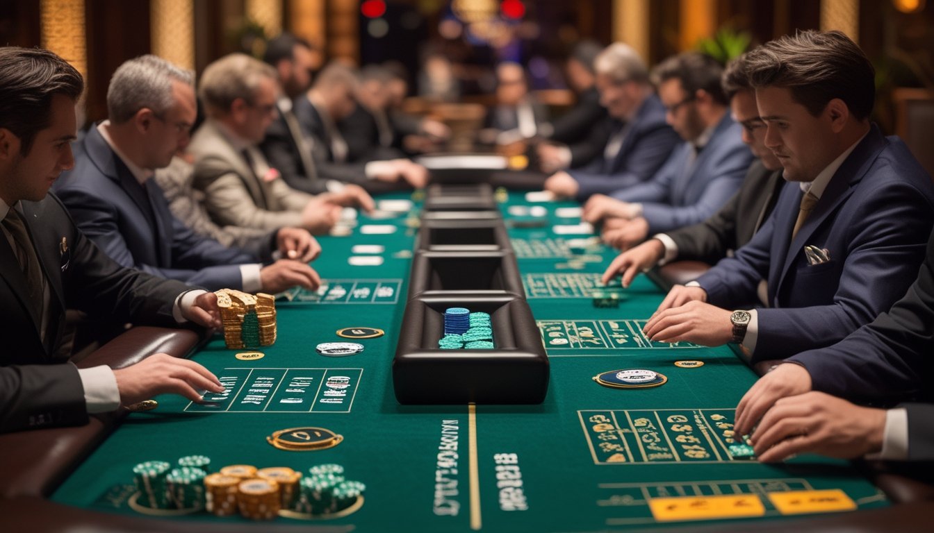 Meja poker dengan pemain yang sedang bermain Irish Poker dan Texas Hold'em di kasino.