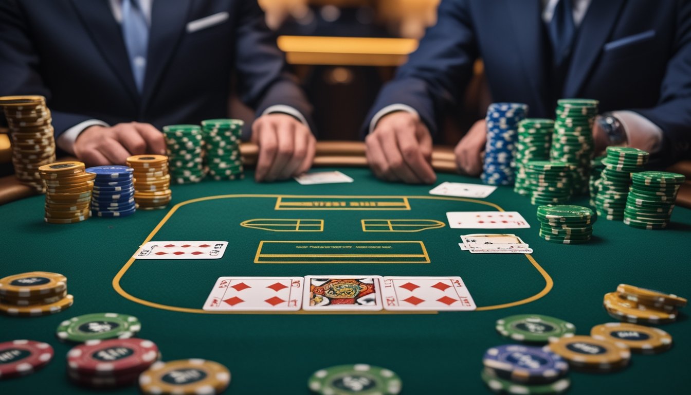 Meja poker dengan pemain sedang bermain poker, menampilkan suasana permainan antara Irish Poker dan Texas Hold'em.