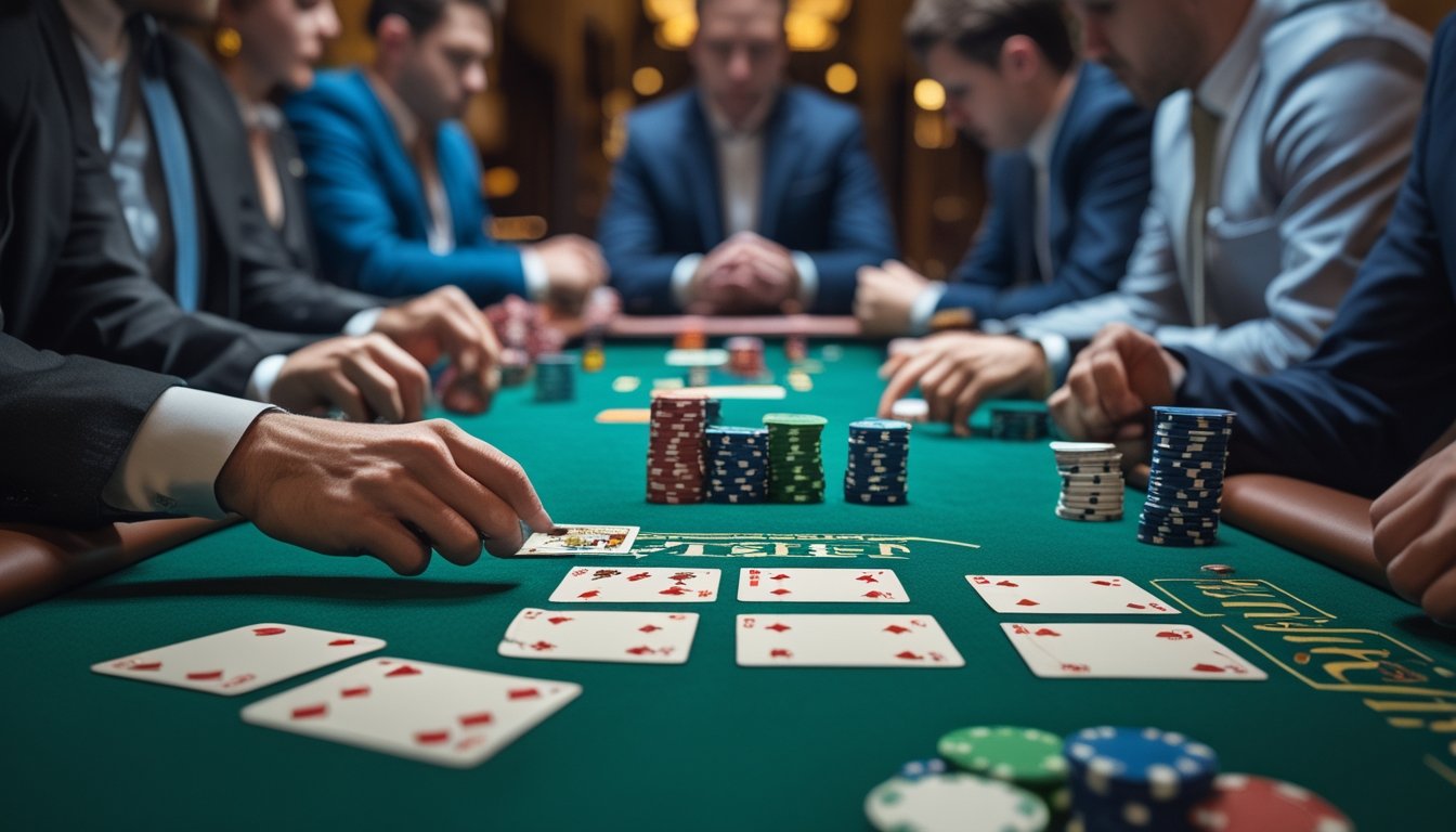 Meja poker dengan kartu dan tumpukan chip, pemain fokus bermain dalam suasana kasino.