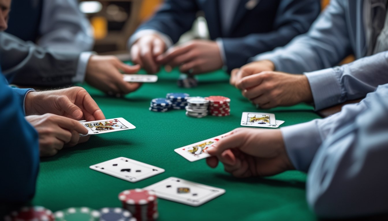 Meja poker dengan kartu awal dan tumpukan chip, menunjukkan permainan Irish Poker sedang berlangsung.