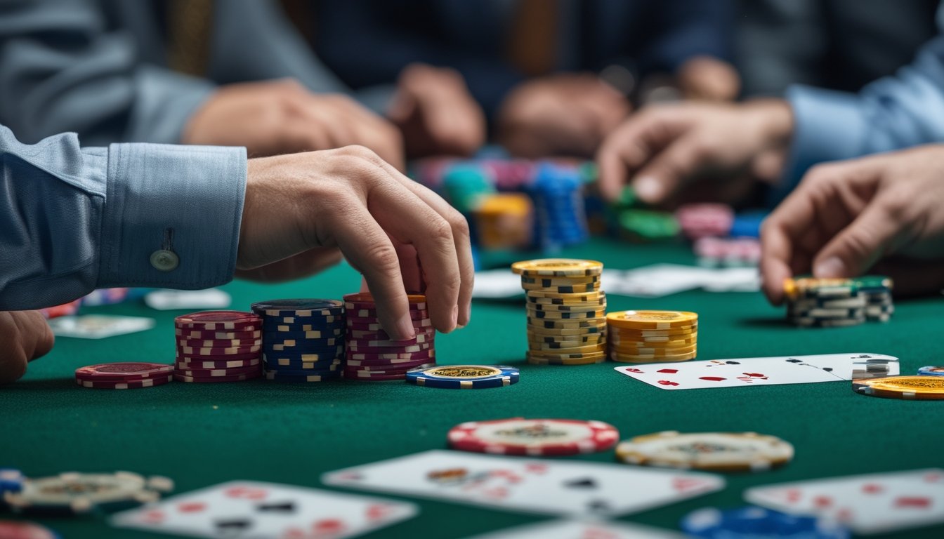 Tangan pemain mengatur chip poker berwarna di atas meja hijau saat bermain poker no-limit Irish.