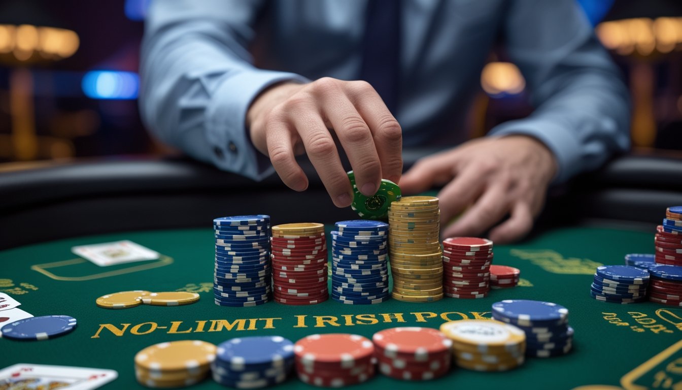 Seorang pemain poker sedang mengatur chip di meja poker dengan kartu dan suasana kasino di latar belakang.