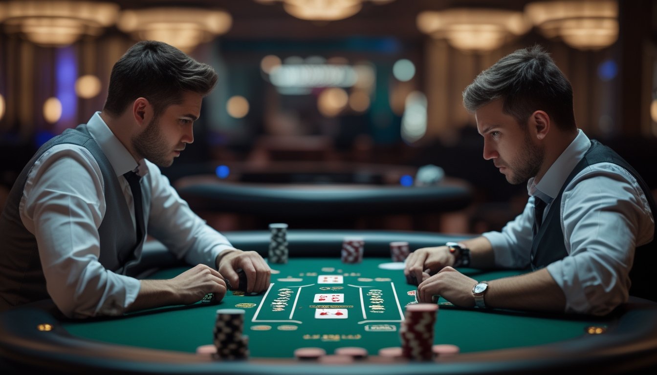 Dua pemain poker duduk berhadapan di meja hijau, satu pemain terlihat gugup dan menghindari kontak mata, sementara pemain lain memperhatikan dengan serius.
