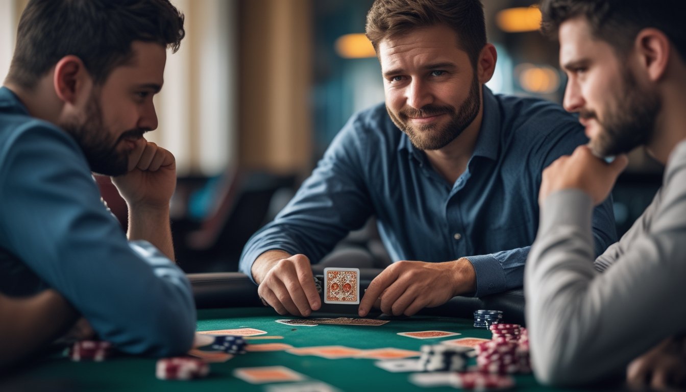 Dua pemain poker sedang saling mengamati dengan serius di meja poker, dengan kartu dan chip tersebar di meja.