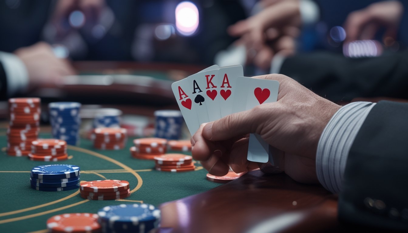 Tangan pemain memegang kartu poker kuat di meja dengan tumpukan chip poker dan pemain lain di latar belakang.