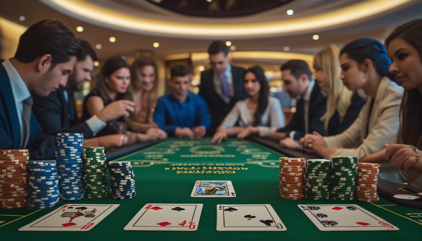 Meja poker dengan kartu dan tumpukan chip, pemain fokus bermain dalam suasana kasino.