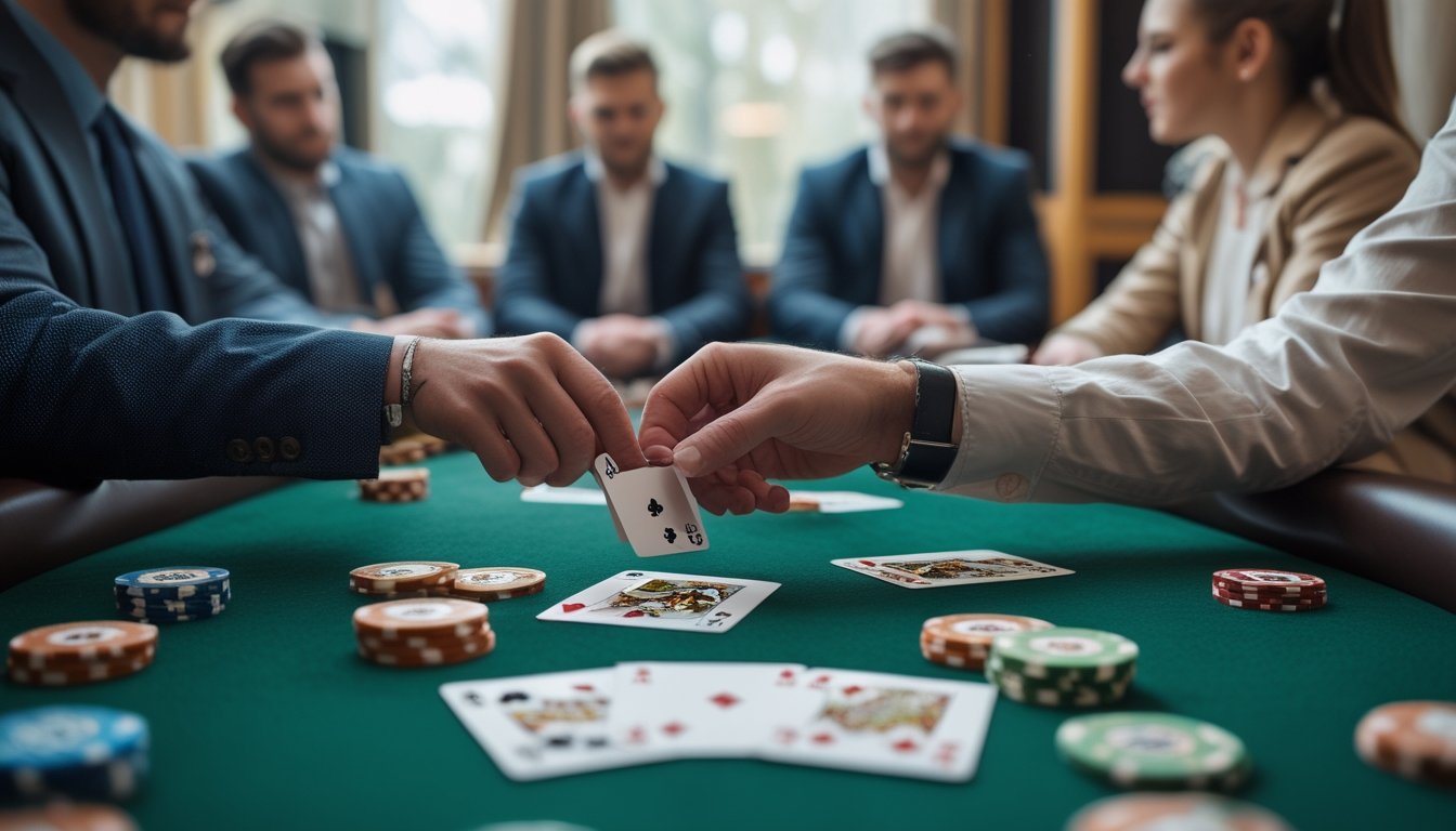 Tangan sedang membuang dua kartu di meja poker dengan pemain lain memperhatikan di latar belakang.