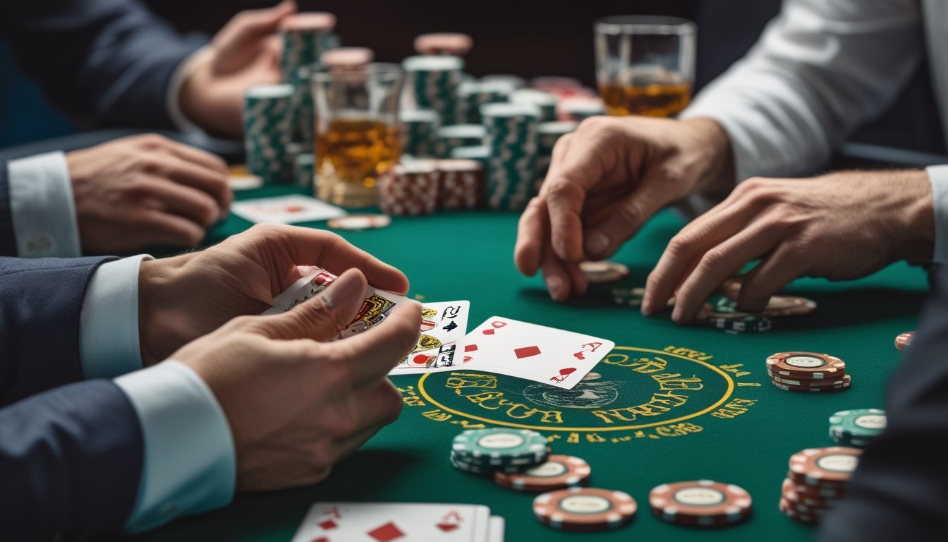 Seorang pemain poker sedang memilih dua kartu untuk dibuang di meja permainan poker dengan tumpukan chip dan kartu di sekitarnya.