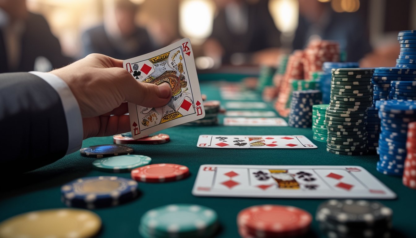 Meja poker dengan kartu dan tumpukan chip taruhan, suasana permainan Irish Poker yang serius.
