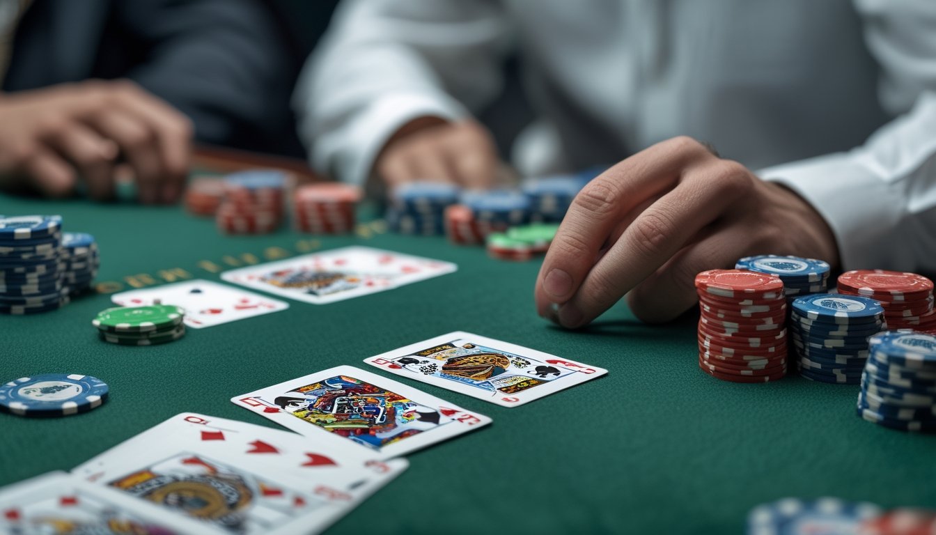 Meja poker dengan kartu dan chip yang tersusun rapi, memperlihatkan tekstur dan susunan kartu pada papan permainan.