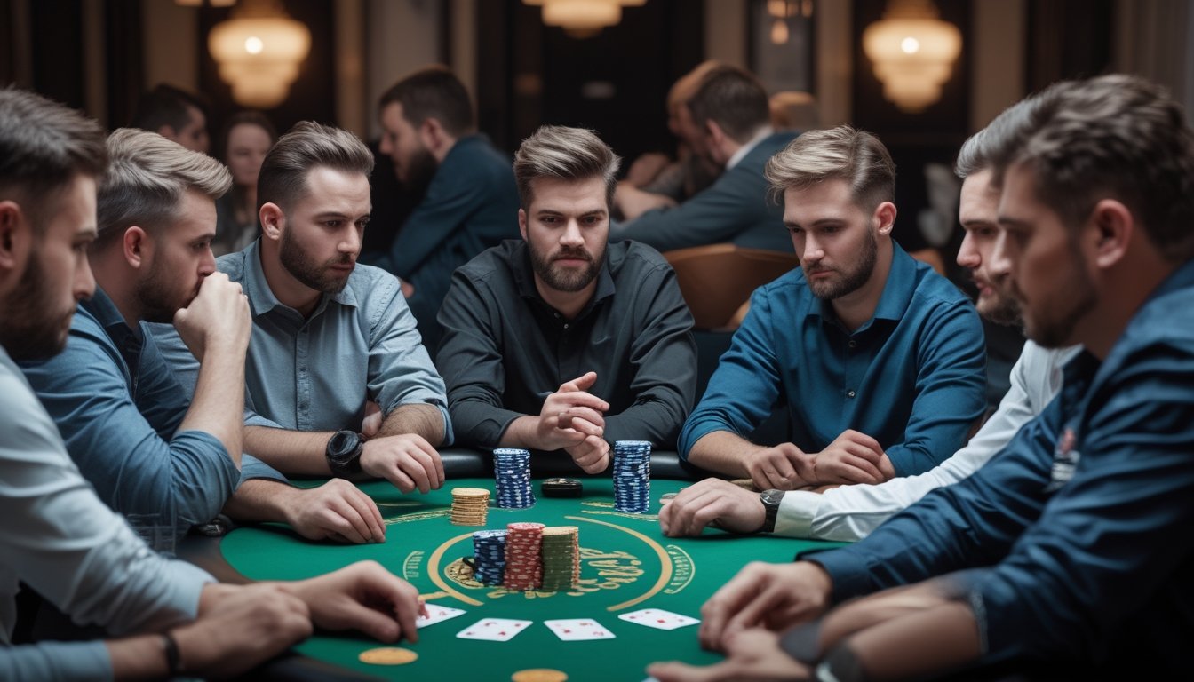 Sekelompok pemain poker serius duduk di sekitar meja hijau dengan tumpukan chip dan kartu, sedang bermain dalam turnamen poker tingkat lanjut.