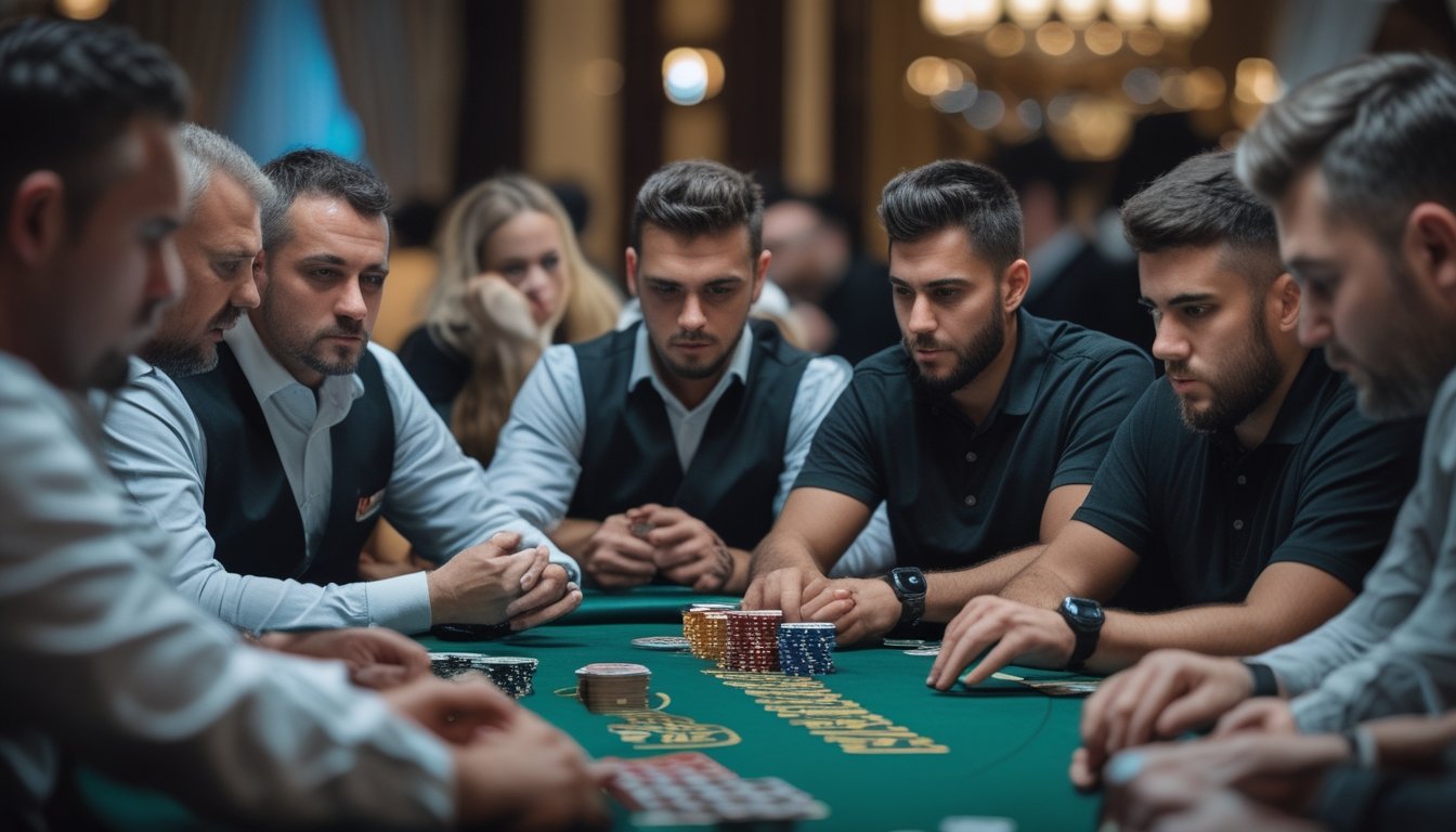 Sekelompok pemain poker serius duduk di meja poker dengan tumpukan chip dan kartu, fokus pada permainan dalam turnamen poker tingkat lanjut.