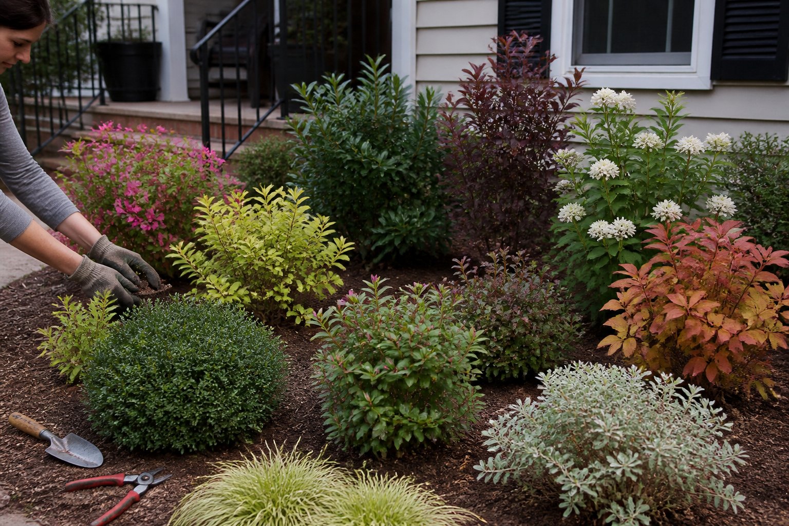 A person tending to various shrubs planted in front of a house, with gardening tools nearby and natural daylight illuminating the scene.