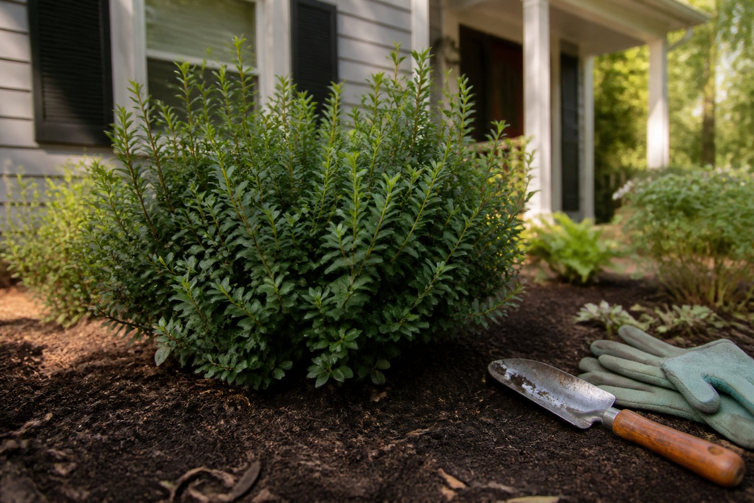 A Dwarf Yaupon Holly shrub in a front yard with gardening tools nearby and part of a house in the background.