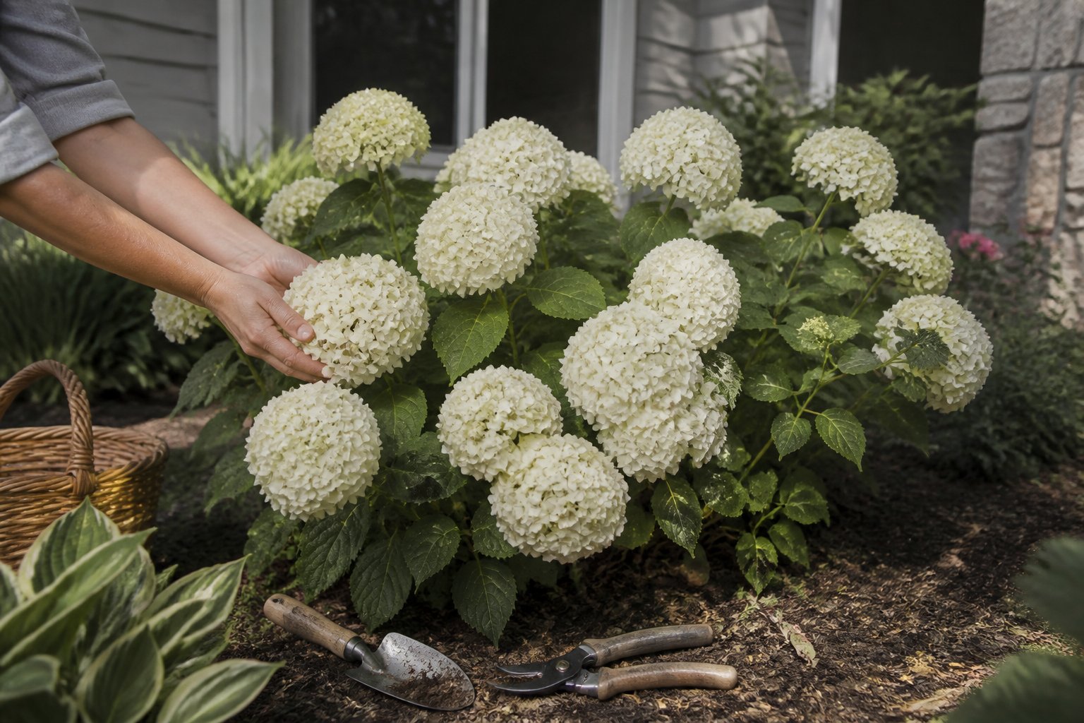 A Smooth Hydrangea shrub in bloom in a front yard with gardening tools and hands tending the plant.
