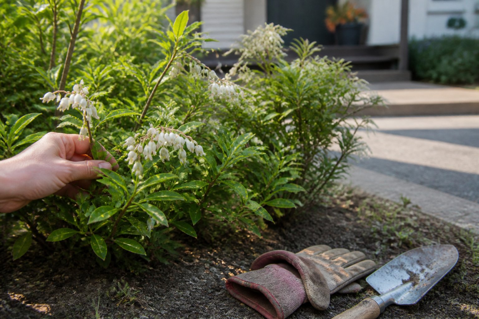 A Japanese Andromeda shrub with white flowers in a front yard, with gardening gloves and a trowel nearby and a hand touching the plant.