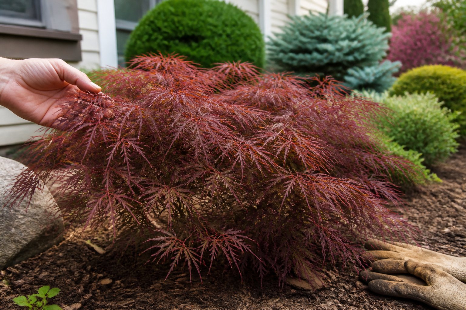 A Dwarf Japanese Maple tree in a front yard garden surrounded by other shrubs, with a hand gently touching a leaf and gardening gloves resting nearby.