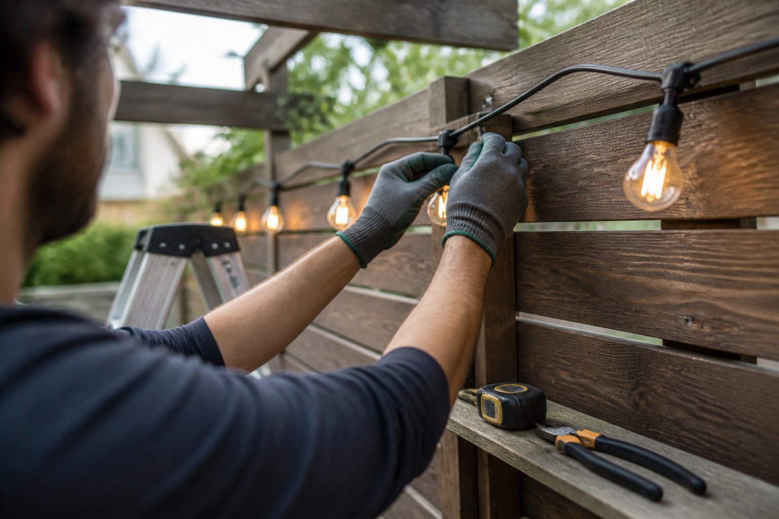 Hands attaching string lights to a wooden fence outdoors with tools and materials nearby during daylight.