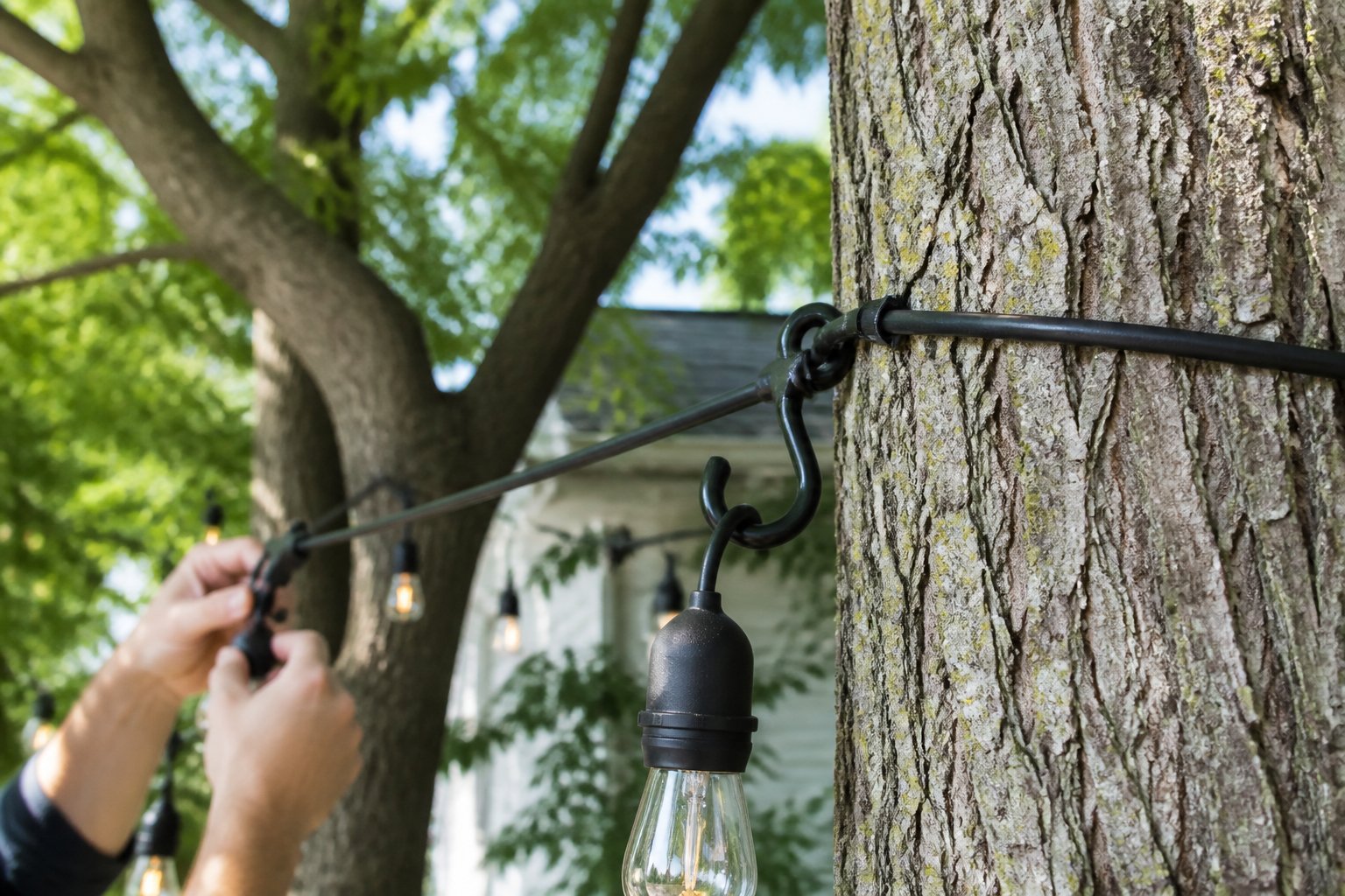 String lights hanging between mature trees secured with S-hooks and zip ties, with hands adjusting the lights and tools nearby in a backyard setting.