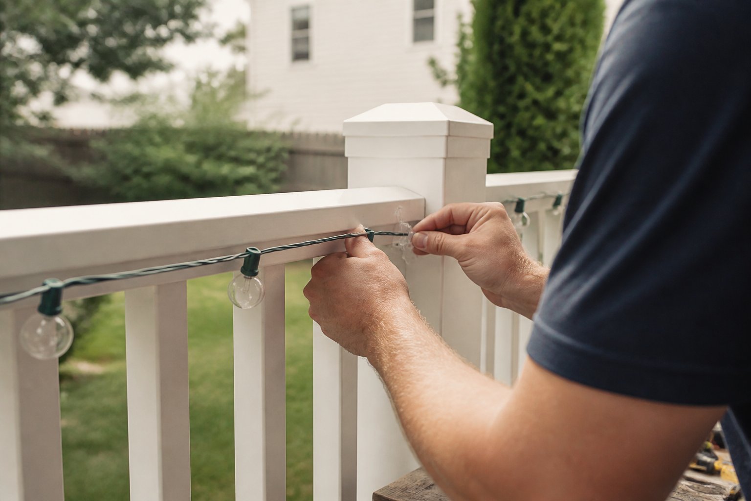 A person attaching string lights to a vinyl railing using clips, with tools and hands visible, in natural daylight.
