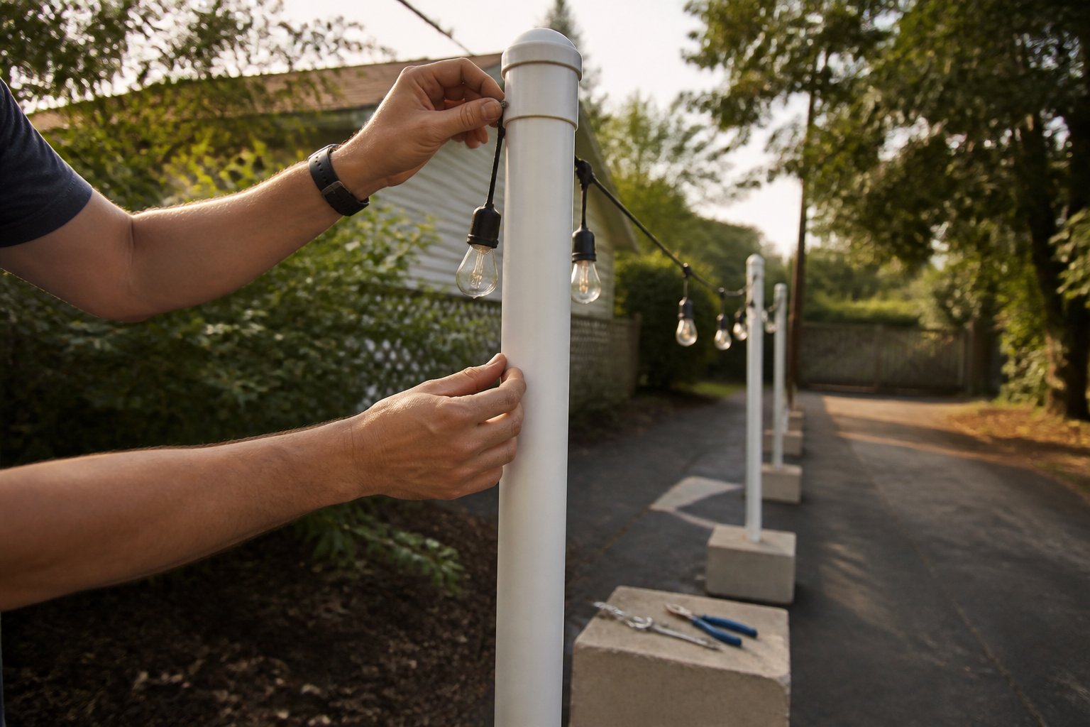 Hands adjusting string lights attached to PVC pipe poles anchored with concrete pavers in a backyard, with tools and materials nearby.