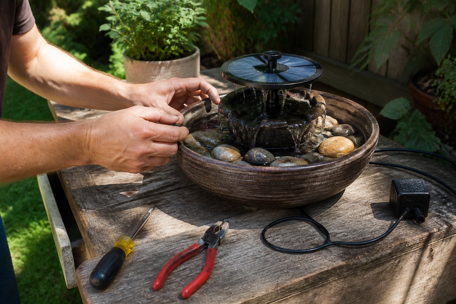 Hands assembling a solar-powered fountain outdoors with tools and natural garden surroundings.