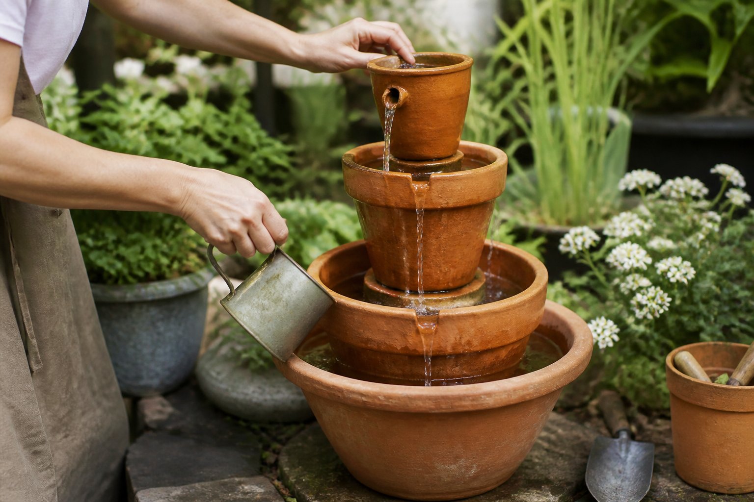 A stacked terracotta pot tiered fountain outdoors with hands adjusting it and gardening tools nearby.