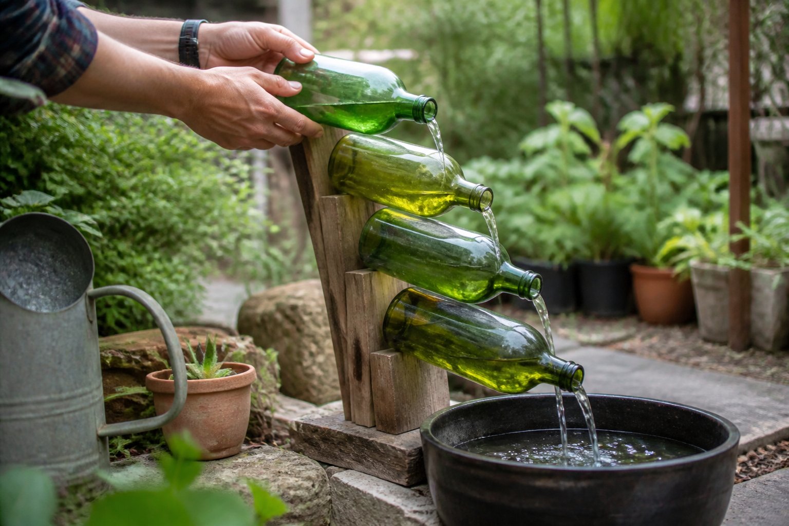 Hands adjusting recycled glass bottles arranged as a cascading outdoor fountain surrounded by garden tools and greenery.