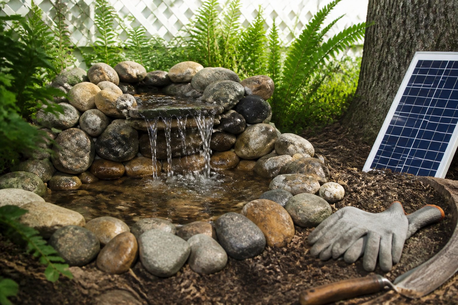 A small outdoor pebble waterfall powered by a hidden solar panel pump, surrounded by greenery with gardening gloves and a hand tool nearby.
