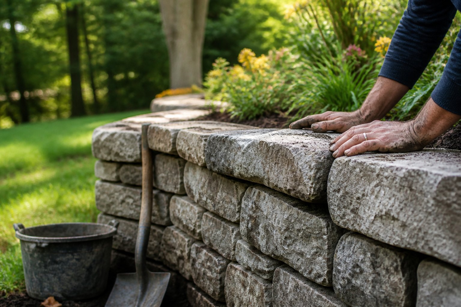 A backyard scene showing a natural stone retaining wall with gardening tools and hands resting on the wall, surrounded by a garden and lawn.