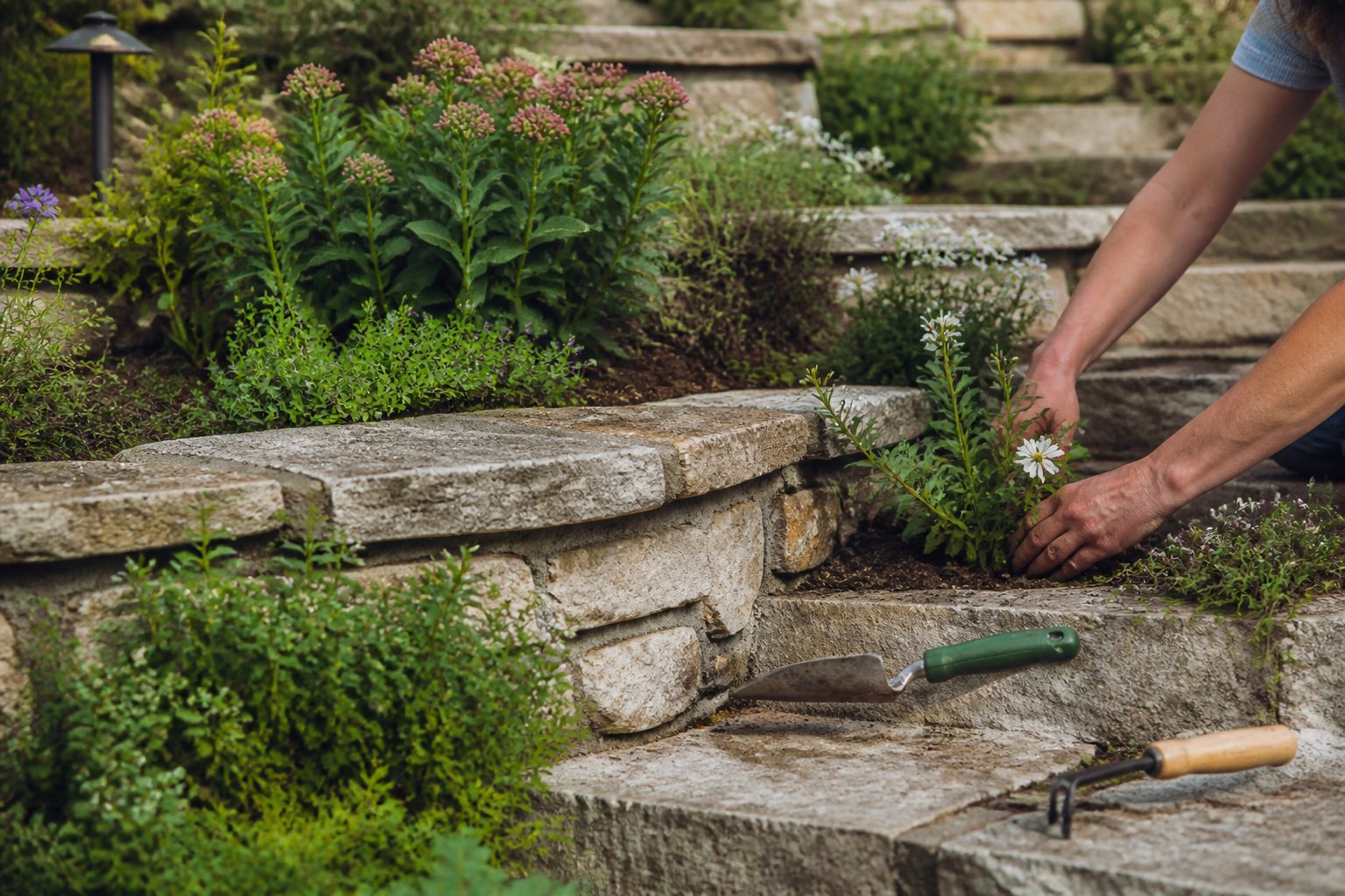 A tiered natural stone terrace with native plants and gardening tools, showing hands tending to the plants in soft daylight.