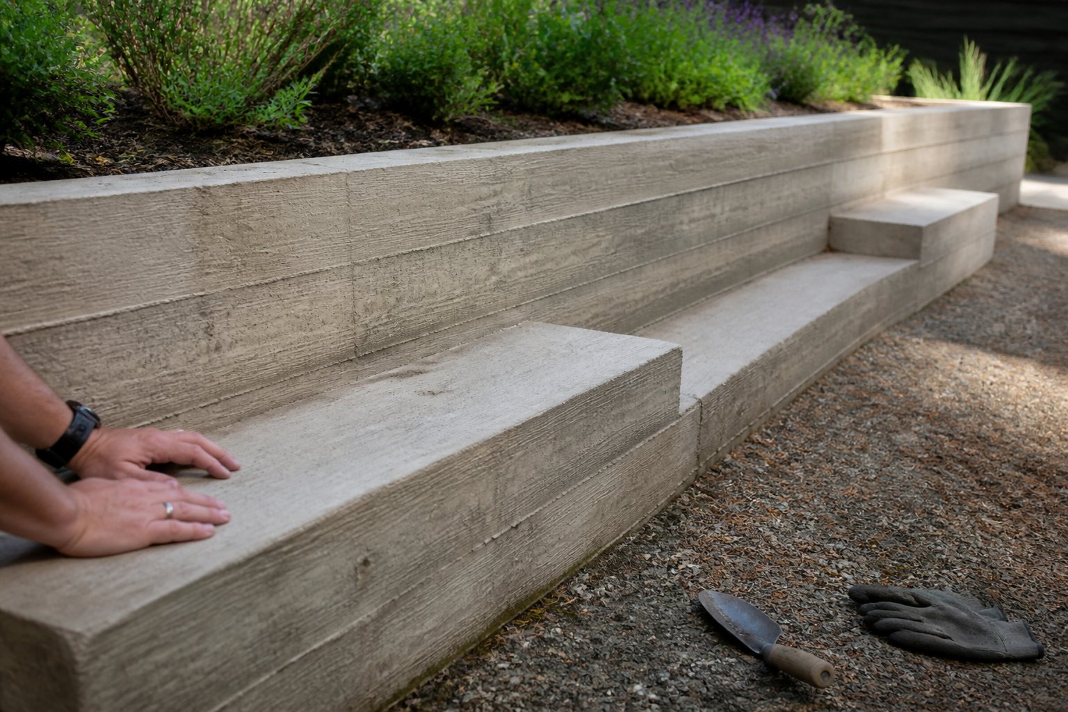 Outdoor scene showing a board-formed concrete retaining wall with built-in benches and a pair of hands resting on one bench next to gardening tools.