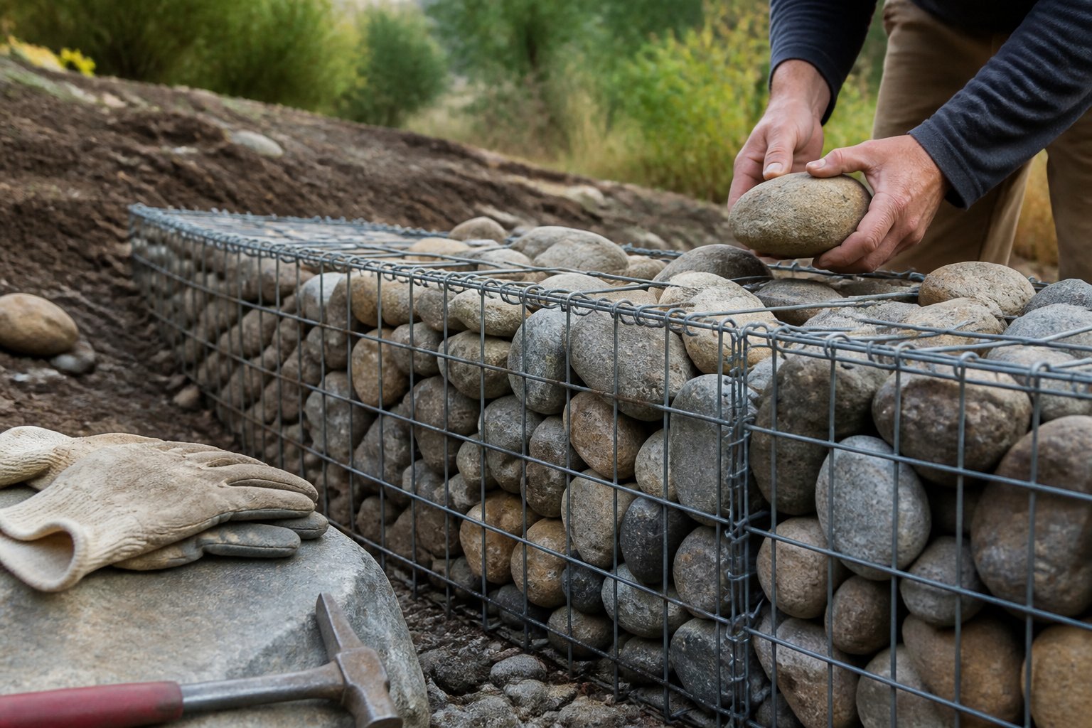 Gabion basket retaining wall filled with mixed river rocks outdoors, with gardening gloves and a hand tool nearby.
