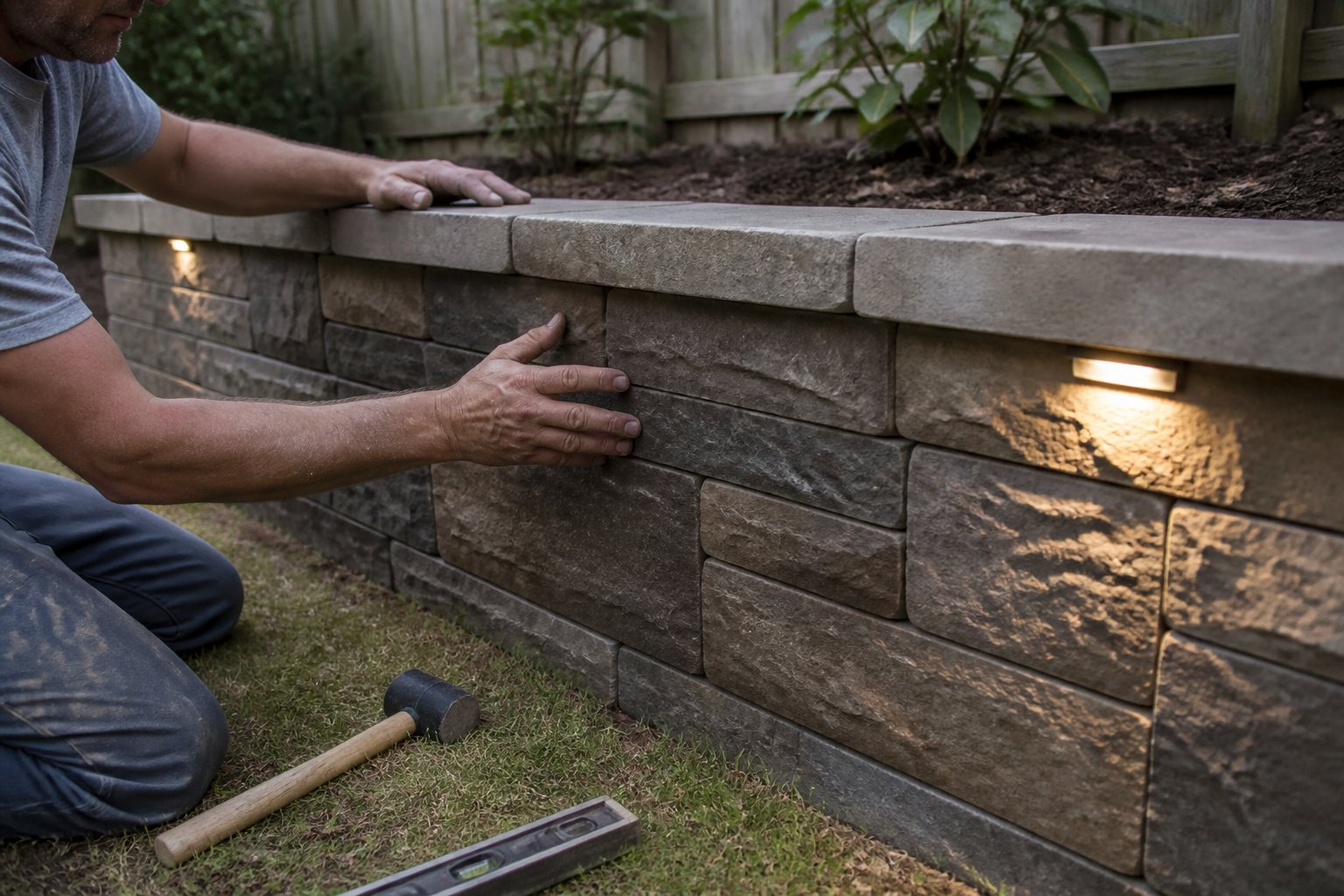 A backyard scene showing a color-stamped concrete retaining wall with built-in LED lighting, with hands and tools nearby indicating ongoing work.