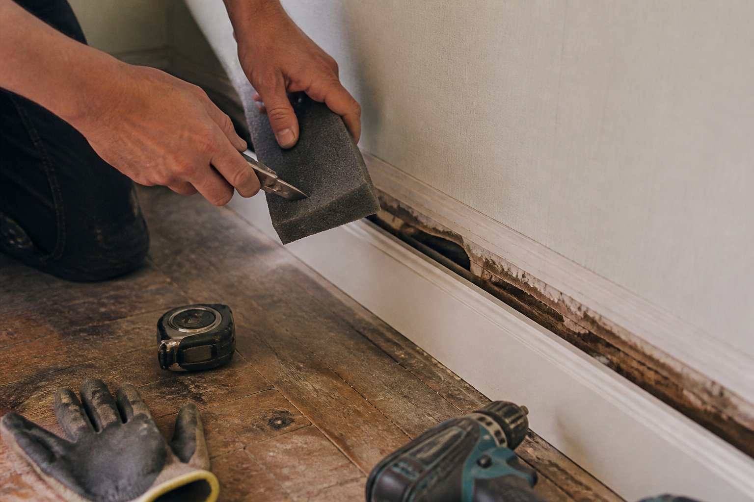 Hands working on skirting insulation near baseboards with tools on a wooden floor in a softly lit room.