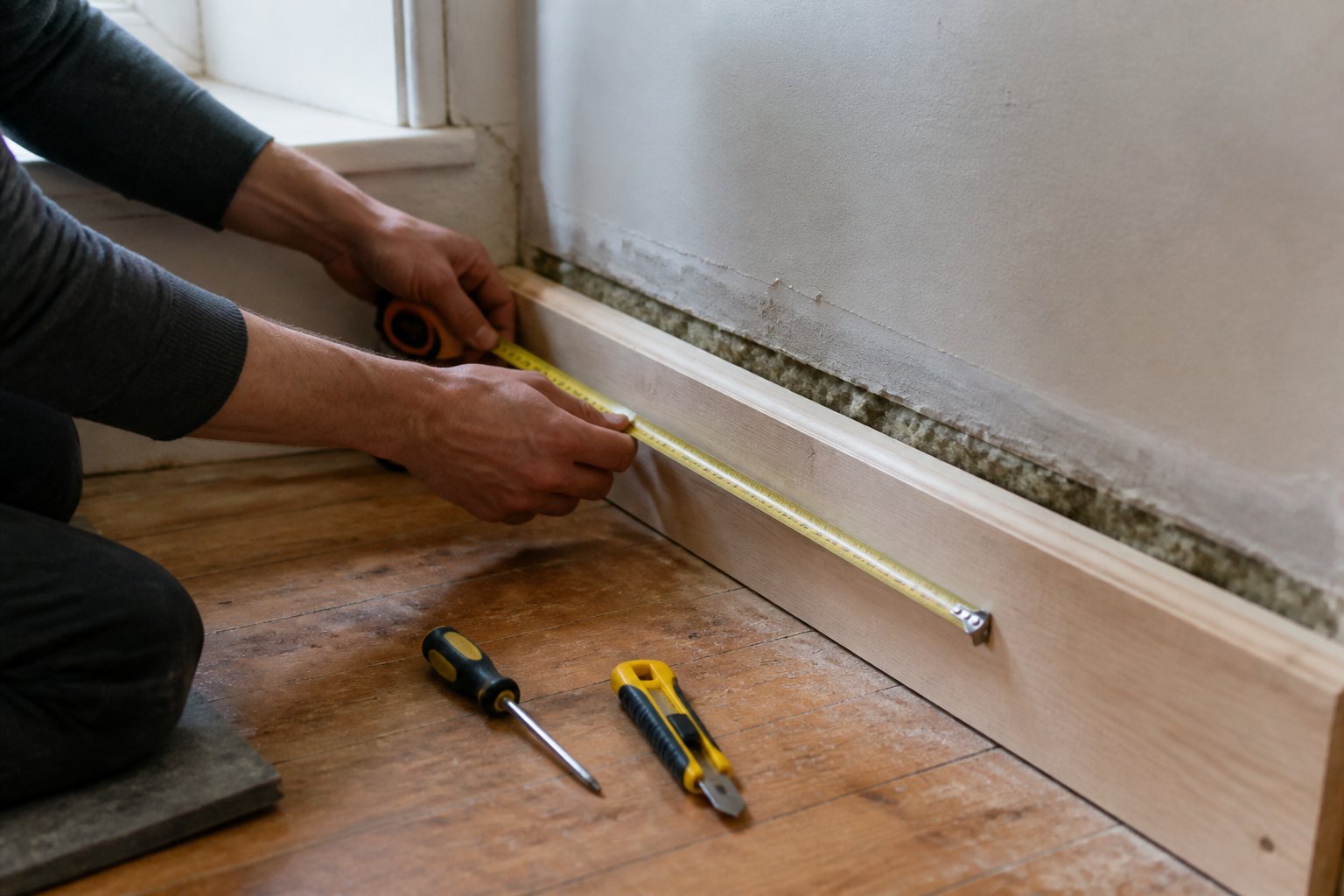 Close-up of hands measuring and fitting a skirting board along a wall with tools on a wooden floor nearby.