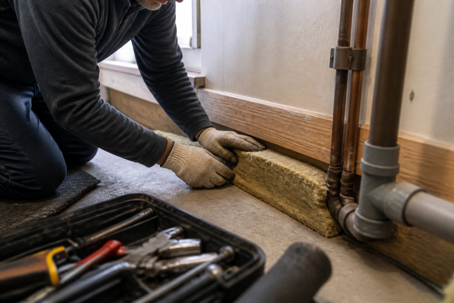 Hands fitting insulation around skirting board near plumbing pipes in a basement with natural daylight.