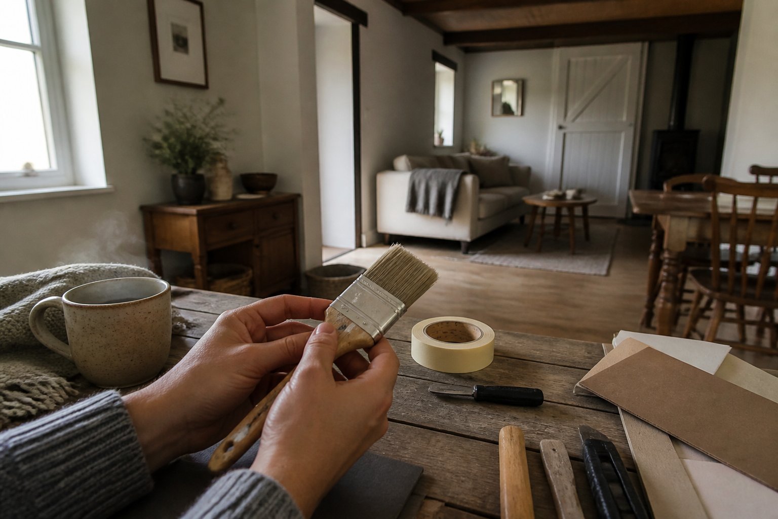A cozy cottage living room with soft daylight, showing hands holding a paintbrush over a table with tools and home decor items.
